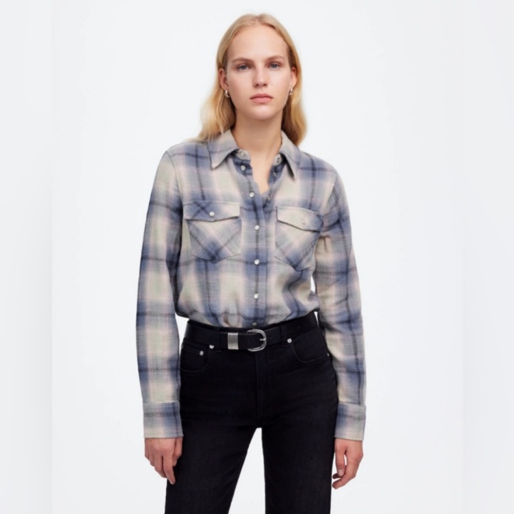 NWT Madewell Snap Front Shirt in Plaid Ashen Blue